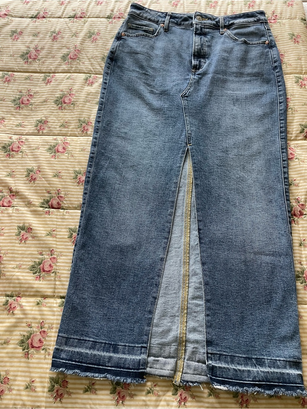 Express Blue Denim Maxi Skirt with Center Front Slit